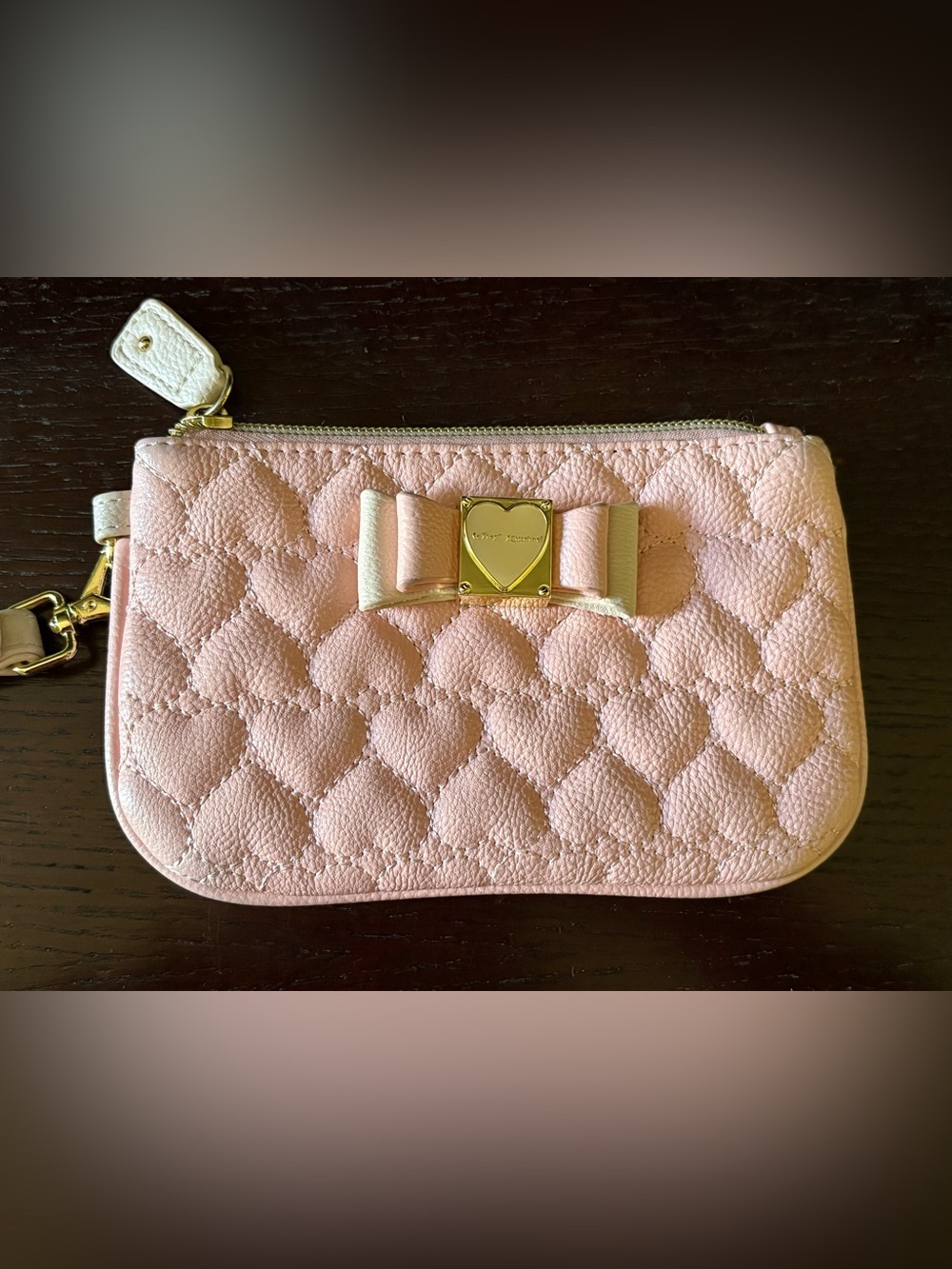 Betsey Johnson Light Pink Quilted Heart Bow Wristlet with Gold Heart Plaque